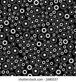 Seamless wallpaper pattern with round, wheel, and bubble design, black & white, vector