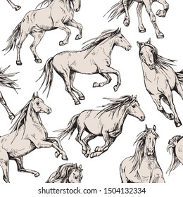 Seamless wallpaper pattern. The running beautiful beige horses on a white background. Textile composition, hand drawn style print. Vector illustration.