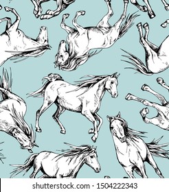 Seamless wallpaper pattern. The running beautiful white horses on a blue background. Textile composition, hand drawn style print. Vector illustration.