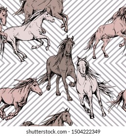 Seamless wallpaper pattern. The running beautiful horses on a geometric background. Textile composition, hand drawn style print. Vector illustration.