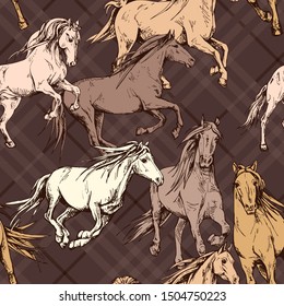 Seamless wallpaper pattern. The running beautiful horses on a brown checkered background. Textile composition, hand drawn style print. Vector illustration.