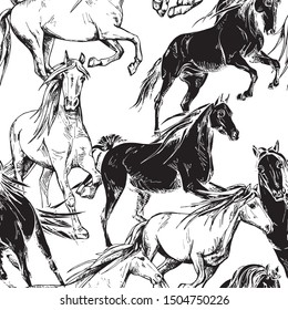 Seamless wallpaper pattern. The running beautiful horses. Textile composition, hand drawn style print. Vector black and white  illustration.