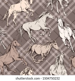 Seamless wallpaper pattern. The running beautiful horses on a checkered background. Textile composition, hand drawn style print. Vector illustration.