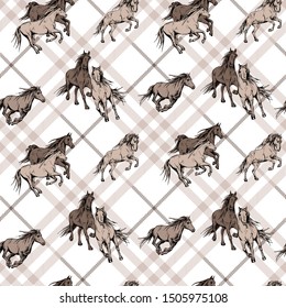 Seamless wallpaper pattern. The running beautiful horses on a checkered background. Textile composition, hand drawn style print. Vector illustration.