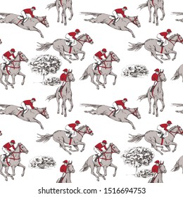 Seamless wallpaper pattern. The running beautiful horses, riders and trees and bushes. Textile composition, hand drawn style print. Vector illustration.