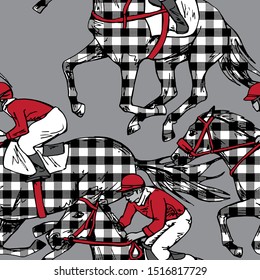 Seamless wallpaper pattern. The running beautiful checkered horse and rider on a gray background. Textile composition, hand drawn style print. Vector illustration.