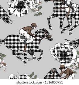 Seamless wallpaper pattern. The running beautiful checkered horse, rider and anemone flowers on a gray background. Textile composition, hand drawn style print. Vector illustration.