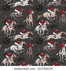 Seamless wallpaper pattern. The running beautiful horses, riders and trees and bushes. Textile composition, hand drawn style print. Vector illustration.