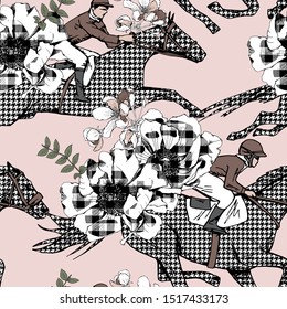 Seamless wallpaper pattern. The running beautiful checkered (houndstooth) horses, riders and anemone flowers. Textile composition, hand drawn style print. Vector illustration.