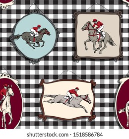 Seamless wallpaper pattern. The running beautiful horse and rider portrait in a different frames on a checkered background. Textile composition, hand drawn style print. Vector illustration.