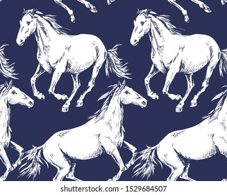 Seamless wallpaper pattern. The running beautiful white horses on a dark blue background. Textile composition, hand drawn style print. Vector illustration.