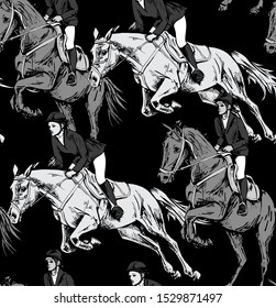 Seamless wallpaper pattern. The running beautiful gray horses and riders on a black background. Textile composition, hand drawn style print. Vector illustration.