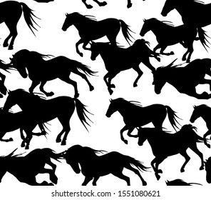 Seamless wallpaper pattern. The running beautiful horses. Textile composition, hand drawn style print. Vector black and white illustration.
