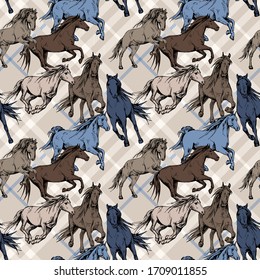 Seamless wallpaper pattern. The running beautiful brown and blue horses on a checkered background. Textile composition, hand drawn style print. Vector illustration.