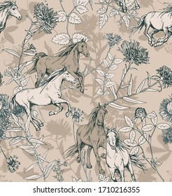 Seamless wallpaper pattern. The running beautiful horses and Herbarium wildflowers, cornflowers, herbs flowers and leaves. Textile composition, hand drawn style print. Vector illustration.