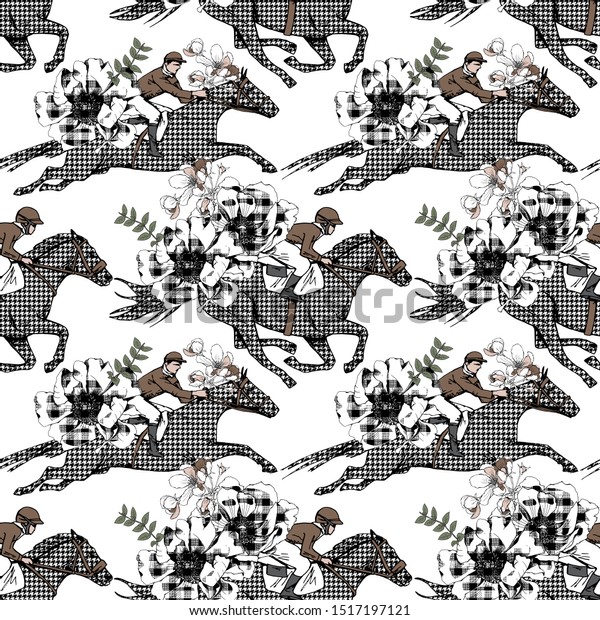 シームレスな壁紙のパターン 走る美しい市松模様の馬 千鳥 騎手 アネモネの花 織物組成 手描きのスタイル ベクターイラスト のベクター画像素材 ロイヤリティフリー