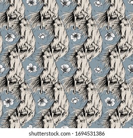 Seamless wallpaper pattern. Running Horse and Cherry flowers. Textile composition, hand drawn style print. Vector illustration.