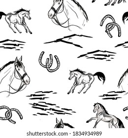 Seamless wallpaper pattern. The running horses in sketch hand drawn style. Western pattern.