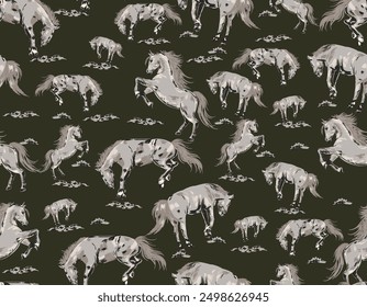 Seamless wallpaper pattern. The running horses hand drawn  Vector illustration. Design for fashion , fabric, textile, wallpaper , wrapping and all prints