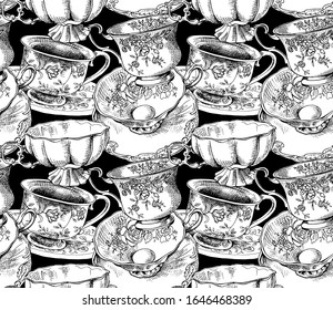 Seamless wallpaper pattern. Сups and saucers with floral decor. Textile composition, hand drawn style print. Vector black and white illustration.