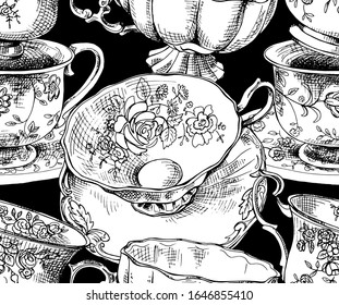 Patrón de papel pintado sin problemas. С y platillos con decoración floral. Composición textil, impresión a mano. Ilustración vectorial en blanco y negro.