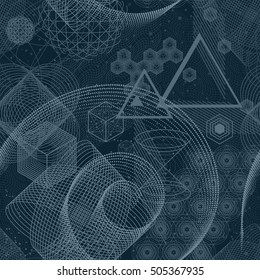 Seamless wallpaper pattern. The science and mathematics abstract background with circles, cube, triangles and a lot of lines. Sacred geometry backdrop. The chemistry and astrology. 