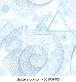 Seamless wallpaper pattern. The science and mathematics abstract background with circles, cube, triangles and a lot of lines. Sacred geometry backdrop. The chemistry and astrology.