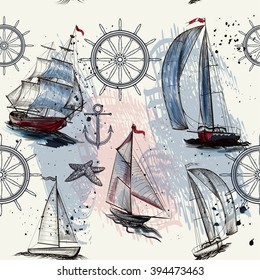 Seamless wallpaper pattern with ships drawn in watercolor style for design