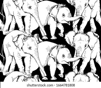 Seamless wallpaper pattern. Sketch baby elephant. Funny Characters. Textile composition, hand drawn style print. Vector illustration.