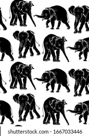 Patrón de papel pintado sin problemas.Esboza elefante bebé. Caracteres divertidos. Composición textil, impresión a mano. Ilustración vectorial en blanco y negro.