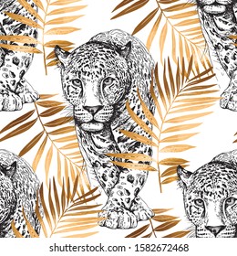 Seamless wallpaper pattern. Sketch of a walking leopard in a gold exotic palm leaves. Textile composition, hand drawn style print. Vector illustration.