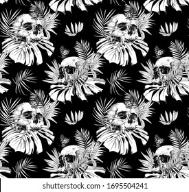 Seamless wallpaper pattern  Skull without lower jaw   Butterfly  exotic palm leaves  Textile composition  hand drawn style print  Vector black   white illustration 
