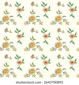Padrão de papel de parede sem costura de impressão floral pequena, ditsy em mudo mauve e verde sábio em um fundo de creme. Elegante padrão de damasco floral, design intrincado, digital, vintage, ornamentado. Padrão contínuo