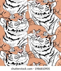 Seamless wallpaper pattern. Tiger squints. Textile composition, hand drawn style print. Vector illustration.