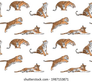 Seamless wallpaper pattern. Tigers lie, jump and sit. Textile composition, hand drawn style print. Vector illustration.