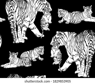 Seamless wallpaper pattern. Tigress and tiger cubs. Textile composition, hand drawn style print. Vector black and white illustration.