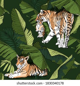 Seamless wallpaper pattern. Tigress and tiger cubs in the exotic palm leaves. Textile composition, hand drawn style print. Vector illustration.