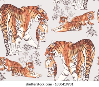 Seamless wallpaper pattern. Tigress and tiger cubs in the grass. Textile composition, hand drawn style print. Vector illustration.