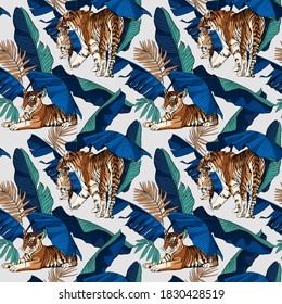 Seamless wallpaper pattern. Tigress and tiger cubs in the exotic palm leaves. Textile composition, hand drawn style print. Vector illustration.