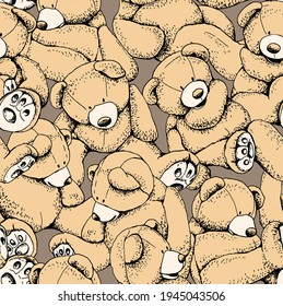 Seamless wallpaper pattern. Toy Teddy bears. Funny poses. Humor textile composition, hand drawn style print. Vector illustration.