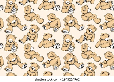 Seamless wallpaper pattern. Toy Teddy bear. Funny poses. Humor textile composition, hand drawn style print. Vector illustration.