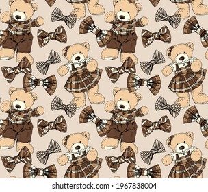 Patrón de papel pintado sin inconvenientes. Toy Teddy lleva ropa de felpa con el arco. Composición textil de humor, impresión a mano. Ilustración vectorial.