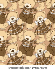 Seamless wallpaper pattern. Toy Teddy bears in plaid clothes. Humor textile composition, hand drawn style print. Vector illustration.