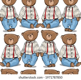 Seamless wallpaper pattern. Toy Teddy bears in the checkered clothes. Humor textile composition, hand drawn style print. Vector illustration.