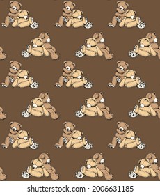 Patrón de papel pintado sin inconvenientes. Oso Toy Teddy. Poetas divertidas. Composición textil de humor, impresión a mano. Ilustración vectorial.