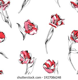Nahtlose Bildschirmhintergründe. Tulpen Blumen. Stems. Textile Zusammensetzung, handgezeichnet Druck. Vektorgrafik.