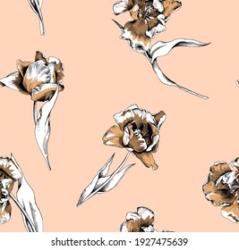 Patrón de papel pintado sin inconvenientes. Flores de tulipán. Estepas. Composición textil, impresión a mano. Ilustración vectorial.
