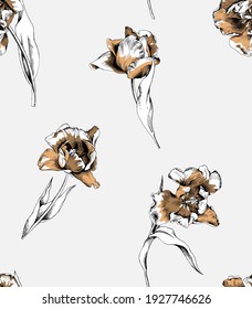 Seamless wallpaper pattern. Tulip flowers. Stems. Textile composition, hand drawn style print. Vector illustration.