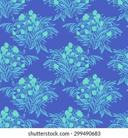 Seamless wallpaper pattern with tulips in vase. Sketch drawing on colorful background
