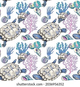 Seamless wallpaper pattern. Turtle, corals, shells and fishes in the sea. Underwater world. Textile composition, hand drawn style print. Vector illustration.